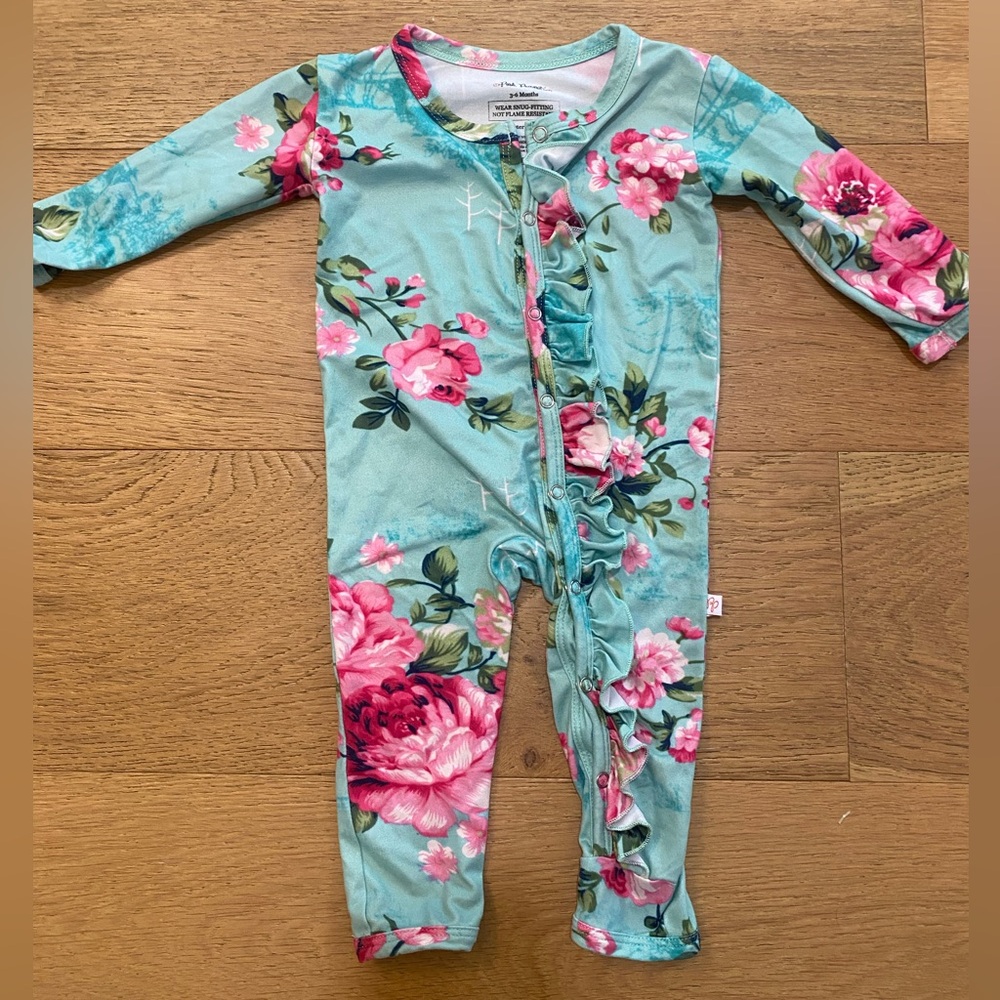 Posh Peanut Mint Floral Ruffle snap bamboo One-Piece 3-6m GUC